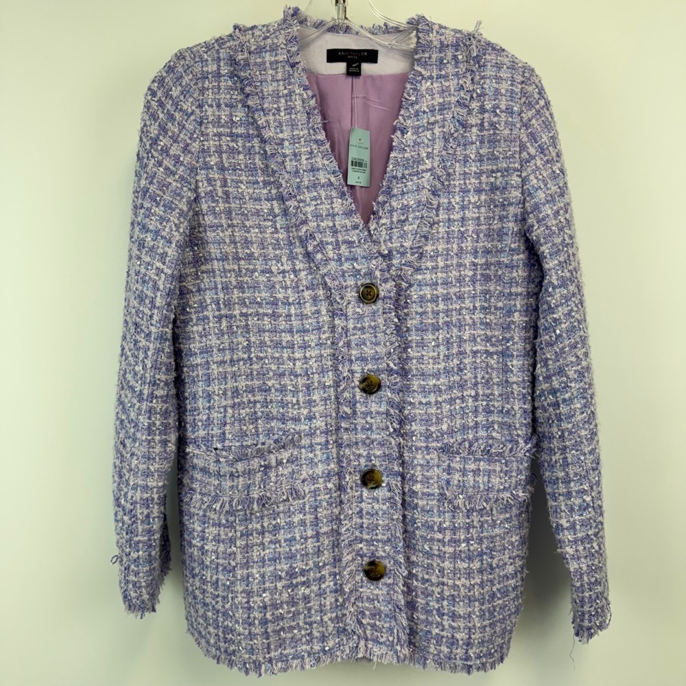 Ann Taylor Jacket Women's 4 Petite Purple Blue Tweed Fringe Blazer‎ NWT